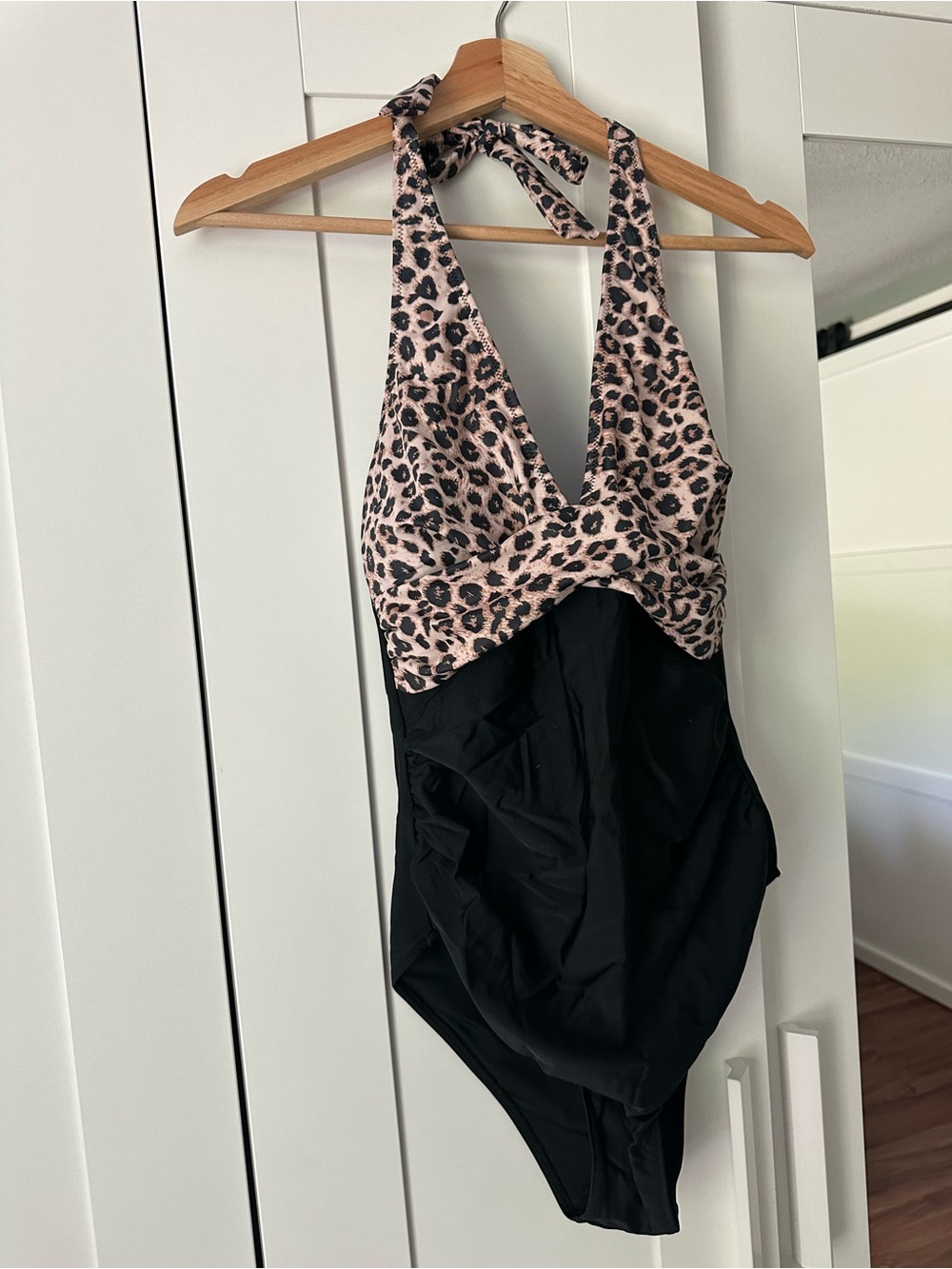 Leopard Halter One-Piece Swimsuit in Black and Tan - Picture 2 of 5